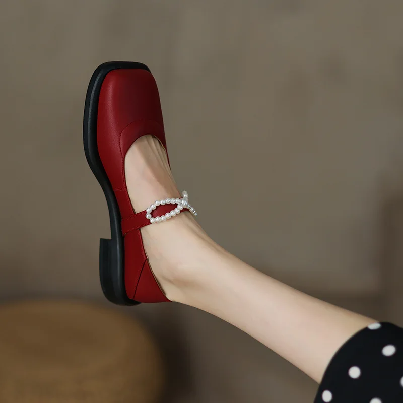 Новые весенние женские французские туфли на среднем каблуке на толстом каблуке с красной пуговицей Mary Jane и жемчугом с квадратной головкой J-E43 Изображение 3