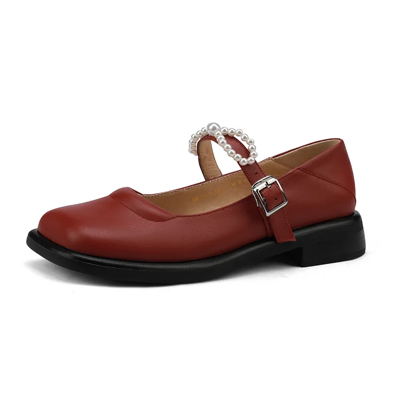 Новые весенние женские французские туфли на среднем каблуке на толстом каблуке с красной пуговицей Mary Jane и жемчугом с квадратной головкой J-E43 Изображение 5