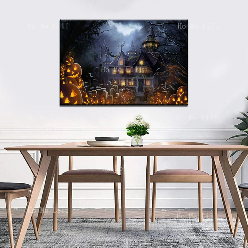 Волшебный замок и Ночь призраков на Хэллоуин, Тыква, Дом с Привидениями, настенное искусство на холсте для декора гостиной Изображение 2