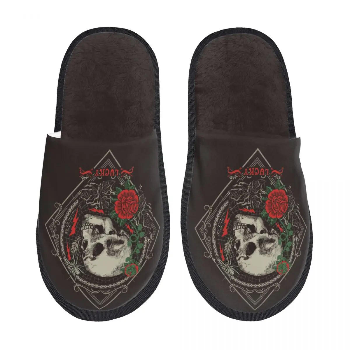Пушистые тапочки в готическом стиле с черепом и розами, плюшевые тапочки-горки с открытым носком, зимняя домашняя обувь Изображение 0