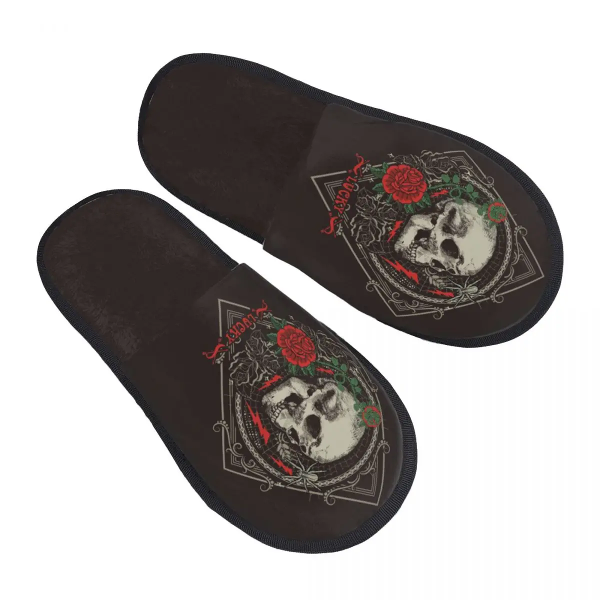 Пушистые тапочки в готическом стиле с черепом и розами, плюшевые тапочки-горки с открытым носком, зимняя домашняя обувь Изображение 1