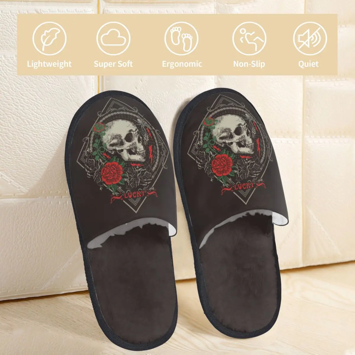 Пушистые тапочки в готическом стиле с черепом и розами, плюшевые тапочки-горки с открытым носком, зимняя домашняя обувь Изображение 3