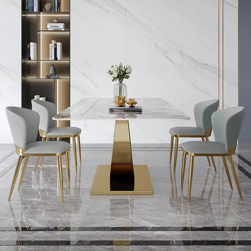 Сочетание итальянского минимализма, импортной каменной плиты, обеденного стола и обеденного стула в форме нержавеющей стали, простой современный прямоугольник Изображение 3