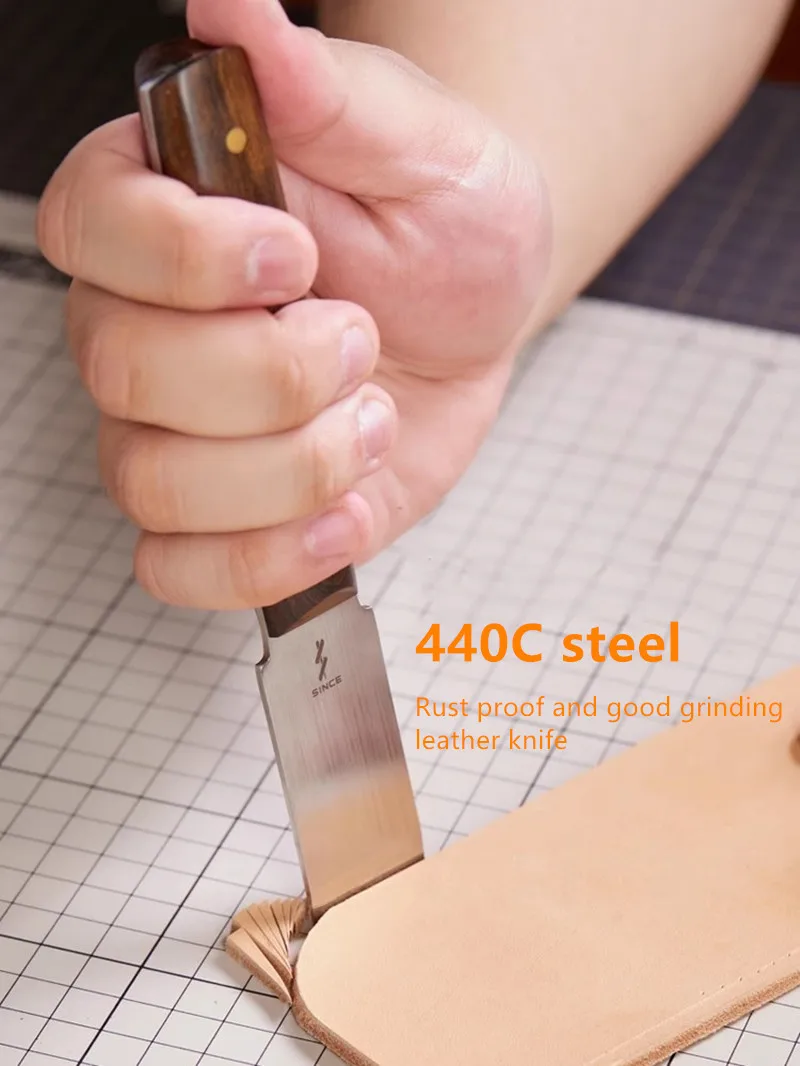 Нож для резки кожи Острый резак для кожевенного ремесла Инструмент для зачистки кожи 440C Стальное лезвие Ручка из орехового дерева Изображение 0