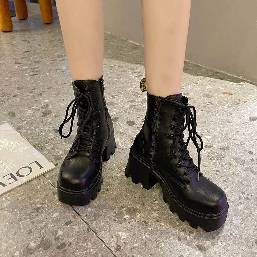 Короткие женские ботинки на высоком каблуке, модная обувь на шнуровке в стиле панк, новинка 2023 года, осенне-зимние женские ботильоны на щиколотке Изображение 0
