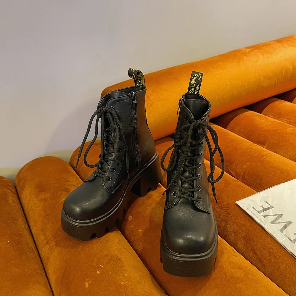 Короткие женские ботинки на высоком каблуке, модная обувь на шнуровке в стиле панк, новинка 2023 года, осенне-зимние женские ботильоны на щиколотке Изображение 4