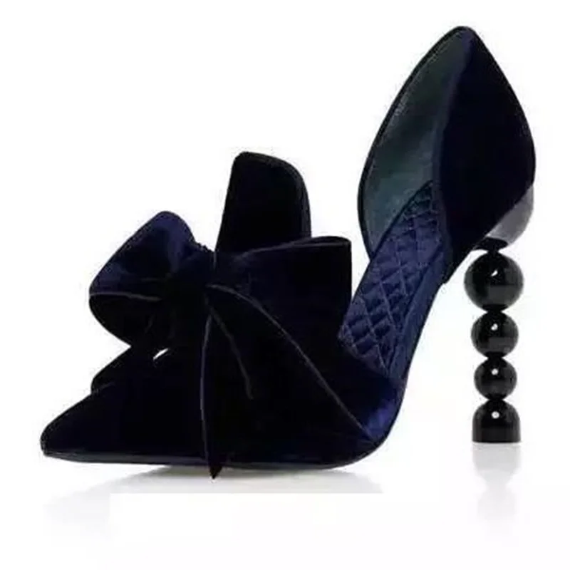 Роскошные женские туфли-лодочки на каблуке в странном стиле, расшитые бисером, темно-синие бархатные туфли на высоком каблуке, женские банкетные модельные туфли с большой бабочкой-узлом Изображение 2