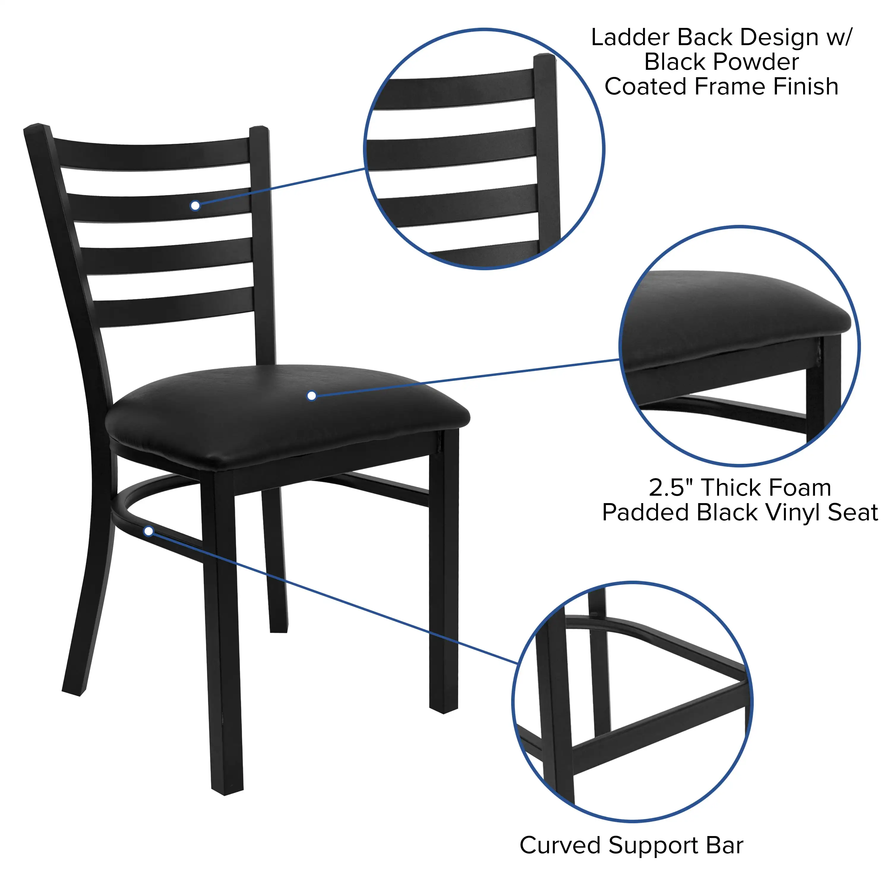 Мебель Flash серии HERCULES Металлическое ресторанное кресло с черной лестничной спинкой - черное виниловое сиденье Изображение 4
