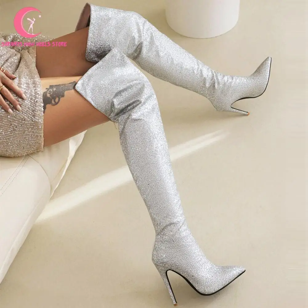 Новые женские сапоги выше колена Spice Girl, пикантные винтажные сапоги с металлическим заострением и пайетками, Женские ботинки Queenstylish для ночного клуба Изображение 0