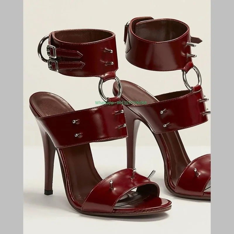 Женские красные туфли-лодочки с металлическими заклепками из искусственной кожи с открытым носком, сексуальное вечернее платье с пряжкой, повседневная обувь на высоком каблуке, размер обуви 35-46 Изображение 0