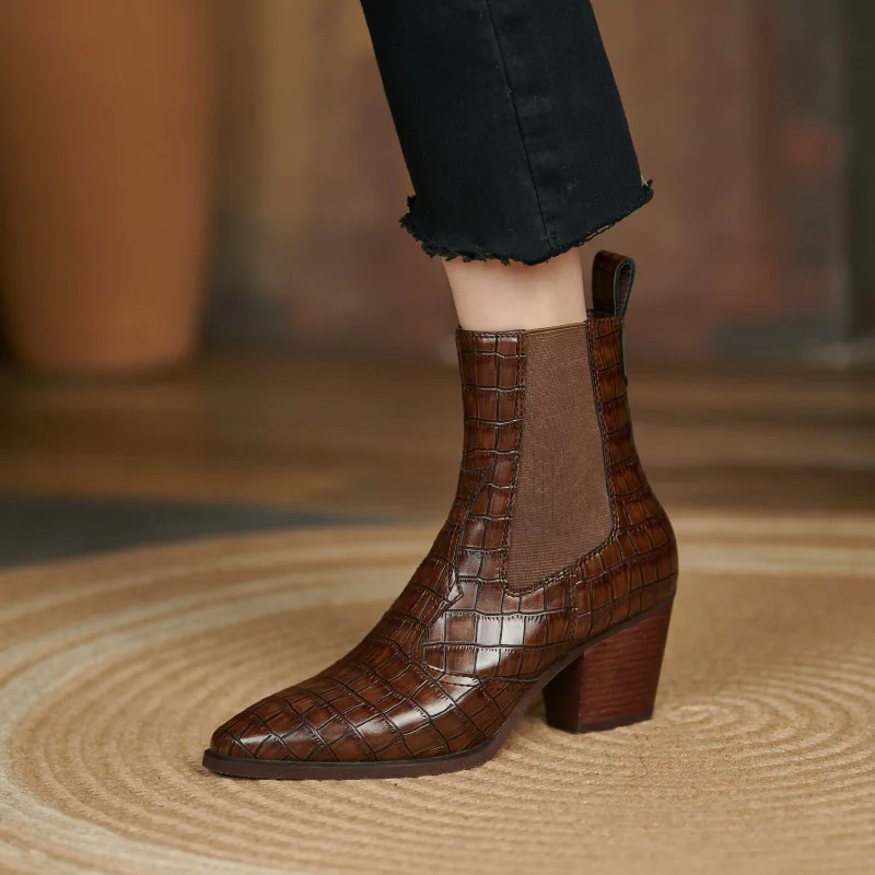 2023 Женские короткие ботинки Французские ботинки Челси из натуральной кожи с каменным узором Изображение 1