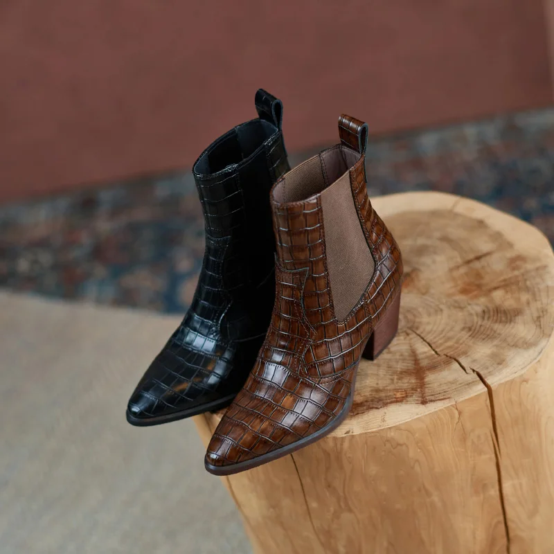 2023 Женские короткие ботинки Французские ботинки Челси из натуральной кожи с каменным узором Изображение 2