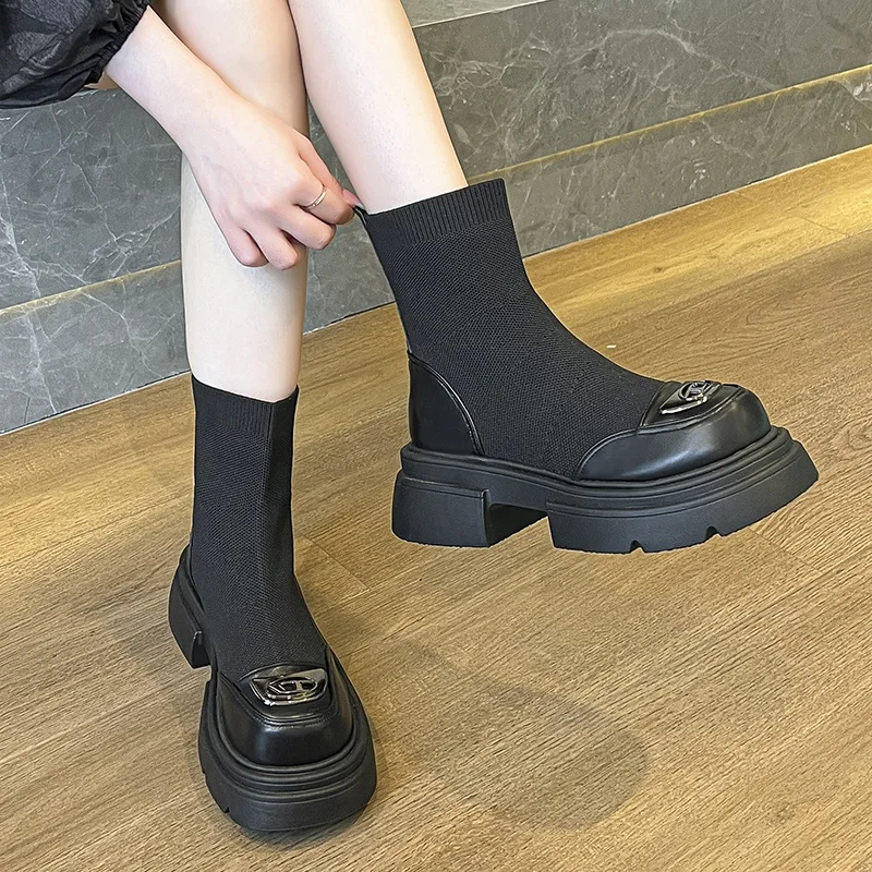 Ботинки Martin, ботинки на толстой подошве, новинка 2023 года, осенне-зимние женские ботинки Matsutake, зимние носки на среднем каблуке с короткими бочонками, ботинки Изображение 2