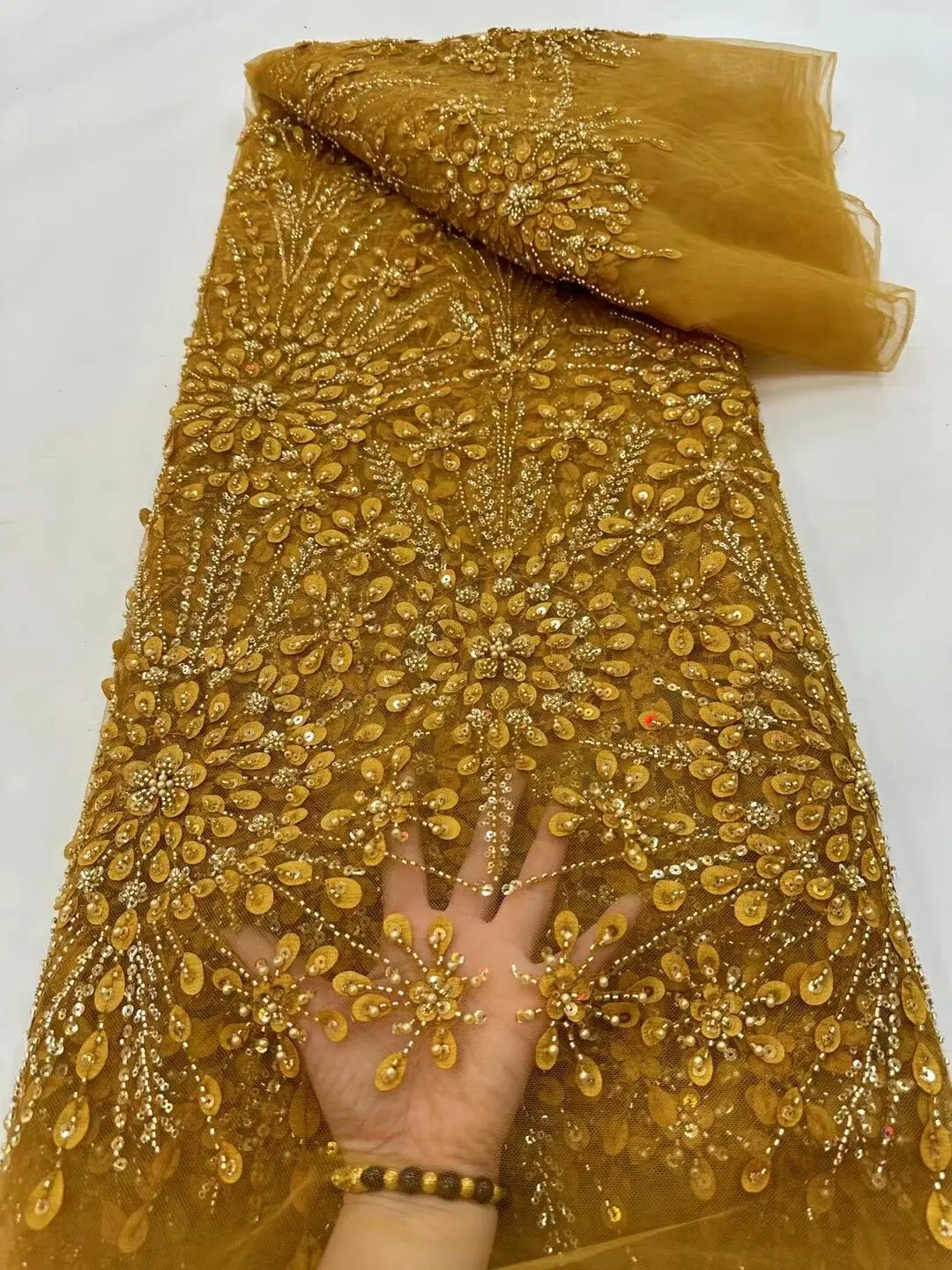 Африканская кружевная ткань J-1302506 Высококачественная ткань с бисером и пайетками, французское нигерийское шитье, свадебная ткань для новобрачных Изображение 4
