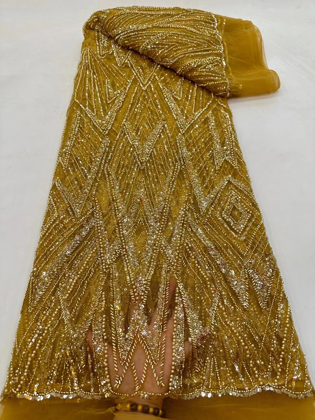Новейшая Африканская кружевная ткань ручной работы, тяжелый бисер, блестки, вышивка, Нигерийский Французский тюль, сетчатое кружево, свадебная ткань для свадебного платья Изображение 1