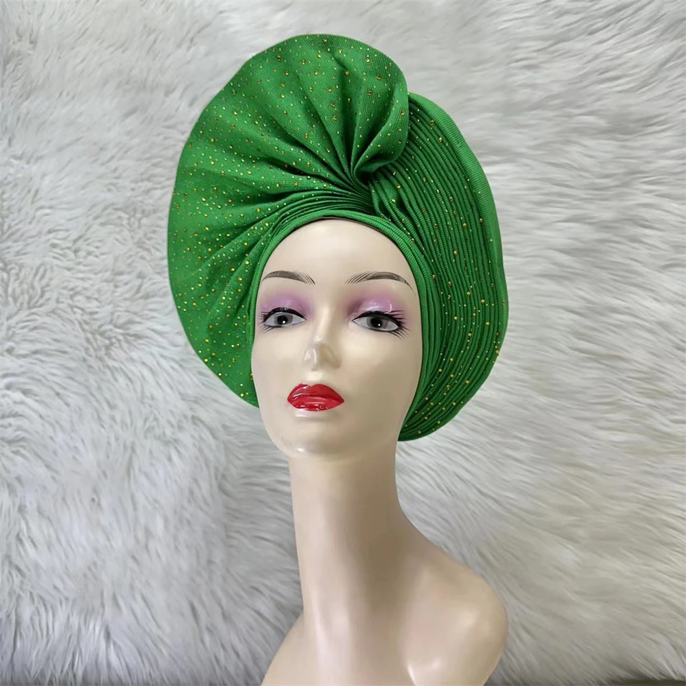 Африканский головной убор Sego со стразами, Нигерийский Зеленый головной убор Gele Turban для вечеринки Изображение 0