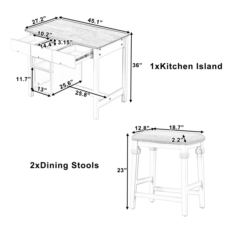 Стационарный кухонный остров из каучукового дерева из 3 предметов с 2 полками и 3 выдвижными ящиками, обеденный стол, прочный для кухни ресторана Изображение 5