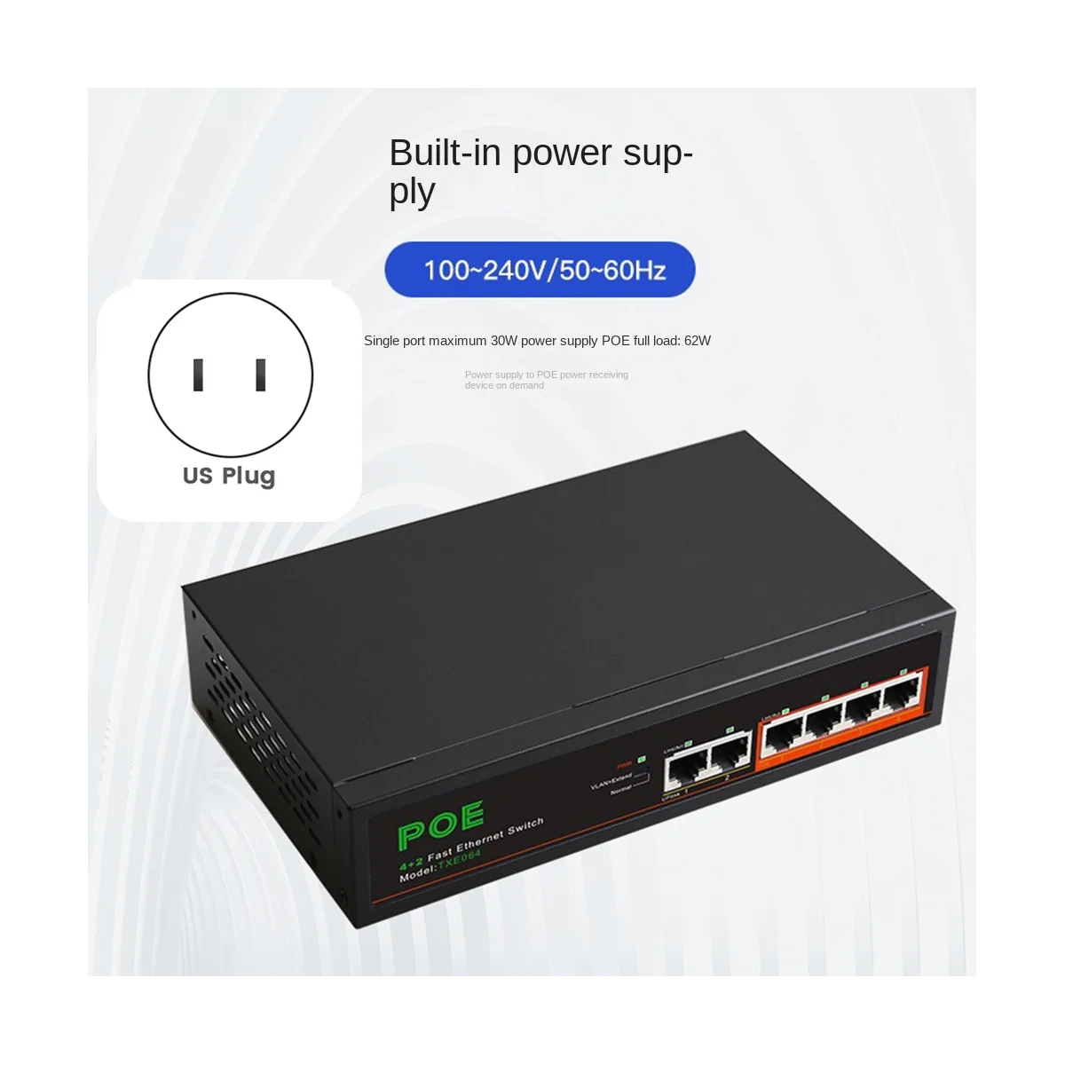 6 Портов POE-коммутатора 4-PoE + 2 UP-Link Сеть Fast Ethernet 100 Мбит/с, Концентратор Домашней сети, Адаптер Серии Power Connect-US Plug Изображение 1