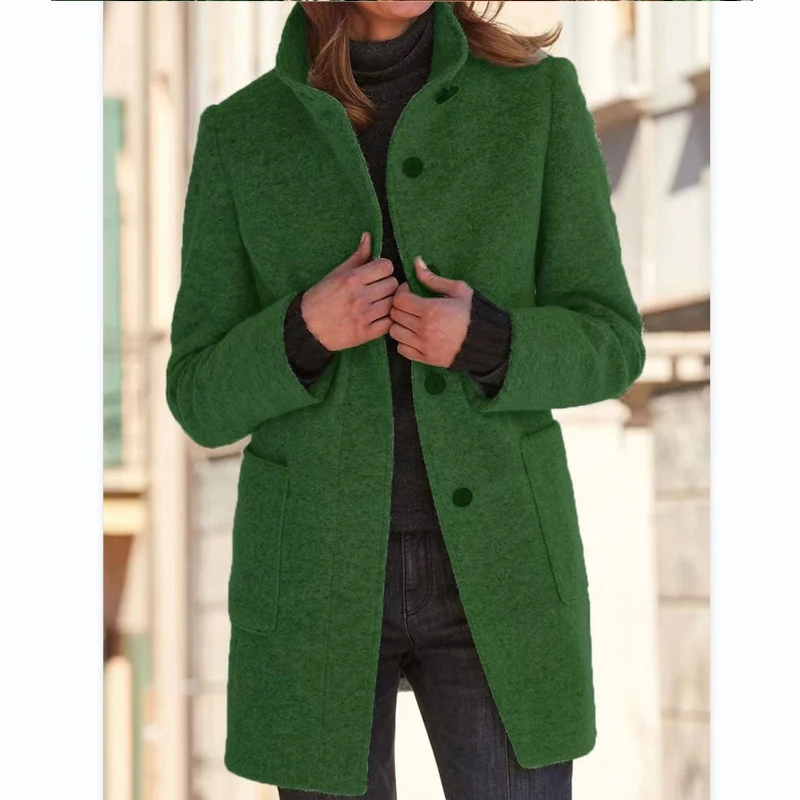 Осень-зима 2023, новые однотонные модные куртки средней длины с воротником-стойкой и длинным рукавом, женские универсальные пальто на пуговицах со свободным карманом Изображение 1