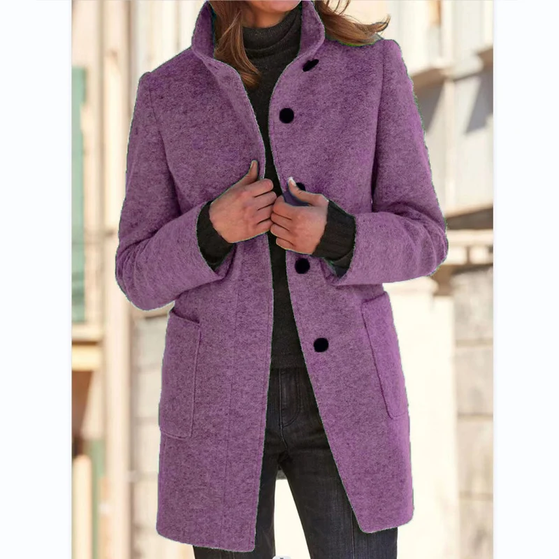 Осень-зима 2023, новые однотонные модные куртки средней длины с воротником-стойкой и длинным рукавом, женские универсальные пальто на пуговицах со свободным карманом Изображение 2