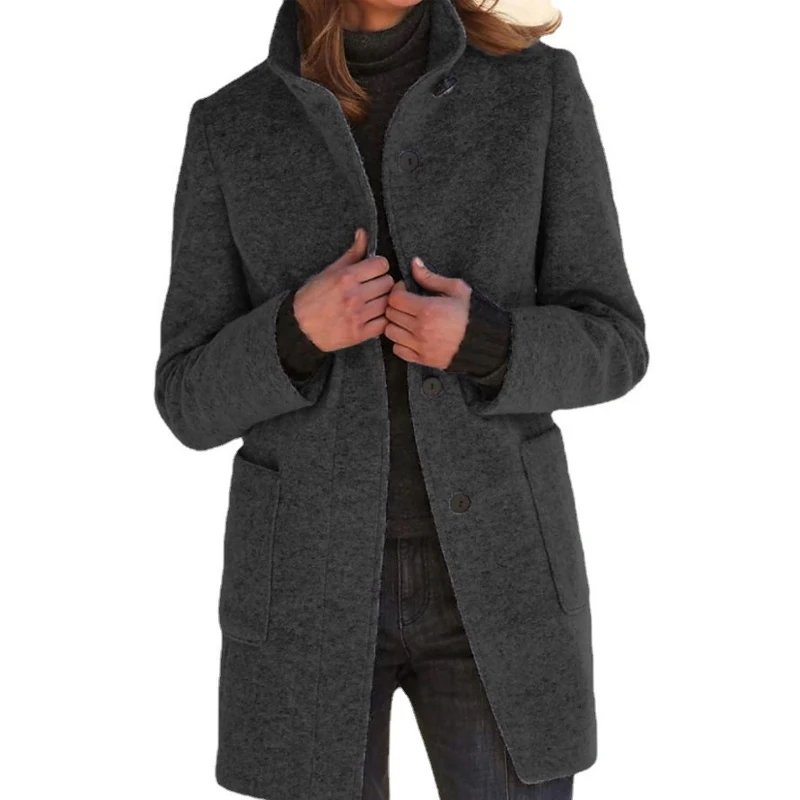 Осень-зима 2023, новые однотонные модные куртки средней длины с воротником-стойкой и длинным рукавом, женские универсальные пальто на пуговицах со свободным карманом Изображение 3