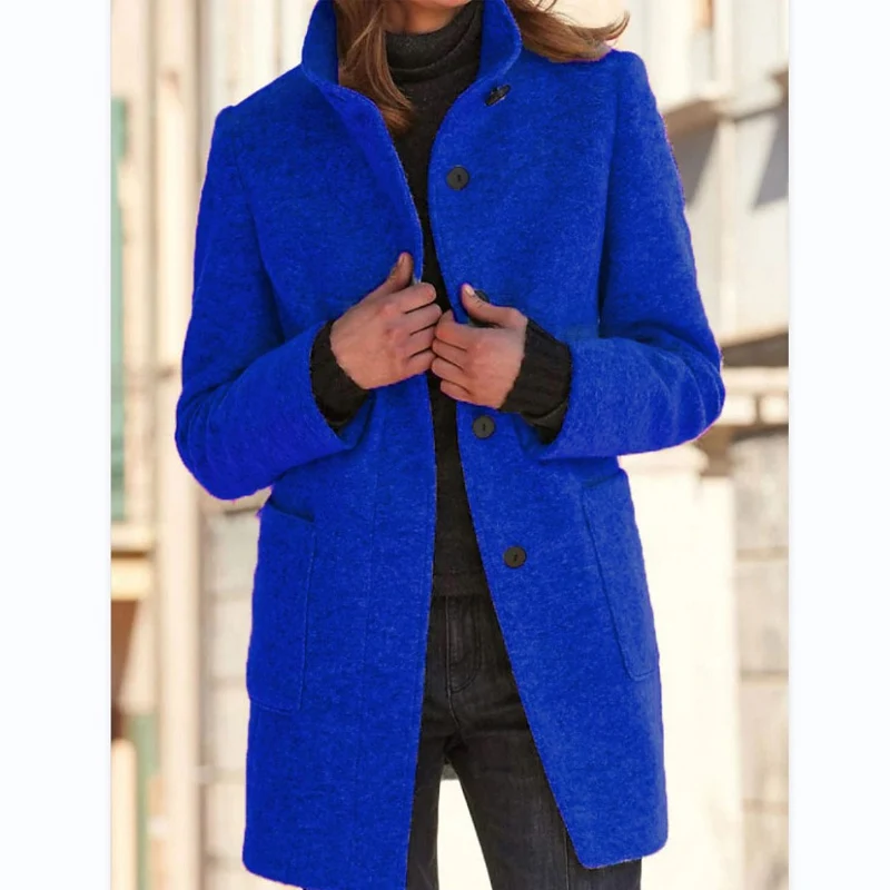 Осень-зима 2023, новые однотонные модные куртки средней длины с воротником-стойкой и длинным рукавом, женские универсальные пальто на пуговицах со свободным карманом Изображение 5