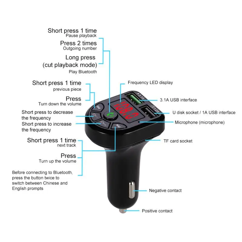 1-8 шт. FM-передатчик Bluetooth 5.0 Автомобильный комплект с двойным USB-автомобильным зарядным устройством 3.1A 1A USB MP3-плеер для iphone автомобильный U-диск/TF Изображение 2