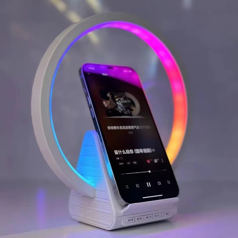 15 Вт Беспроводное Зарядное Устройство Подставка Будильник LED Атмосфера RGB Свет Настольная Лампа Bluetooth Динамик Приложение Управление Для iPhone 14 13 Samsung Изображение 2