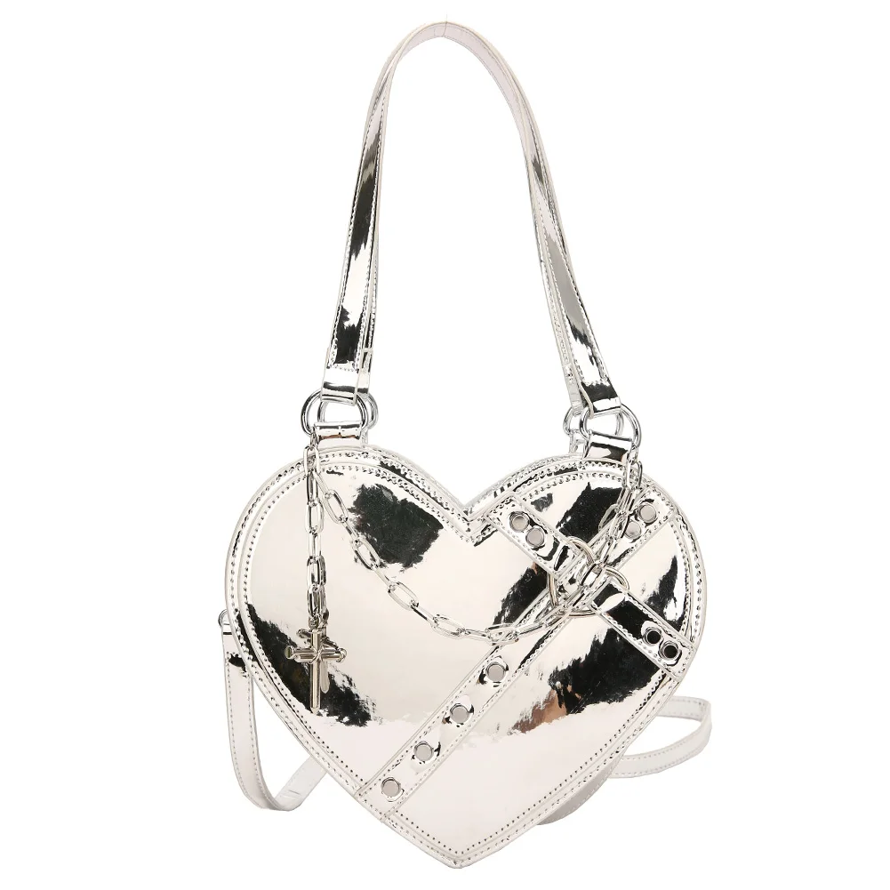Женская шикарная сумка-слинг в форме сердца, сумка-ранец Y2K из искусственной кожи с крестиками и цепочкой, уличная сумка Spice Girls Изображение 0