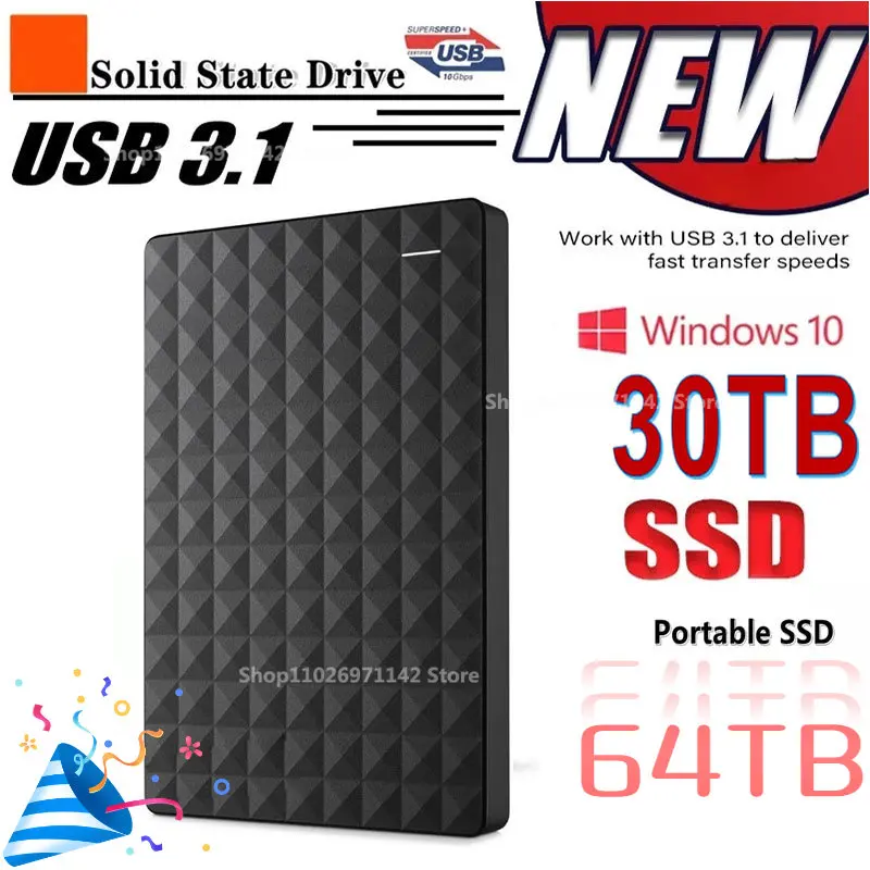 Новый оригинальный высокоскоростной SSD-накопитель емкостью 64 ТБ, портативный внешний твердотельный накопитель емкостью 4 ТБ с интерфейсом USB3.1, портативное запоминающее устройство для ноутбука Изображение 0