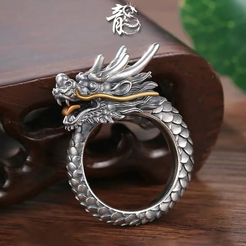 XiYuan Серебристого цвета, Новое кольцо Pan Long, лидер мужской моды, Национальный стиль, Сяо, Длинное кольцо, Регулируемое открытие Изображение 1