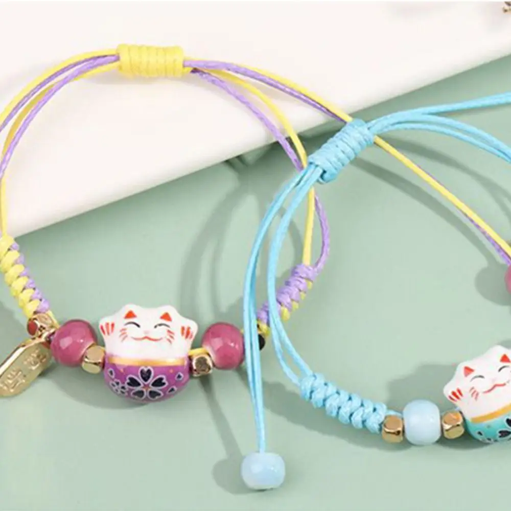 Модный многоцветный браслет ручной работы в китайском стиле, пара рук, плетеный браслет из веревки, мультяшный браслет Lucky Cat, подарок для девочек Изображение 0