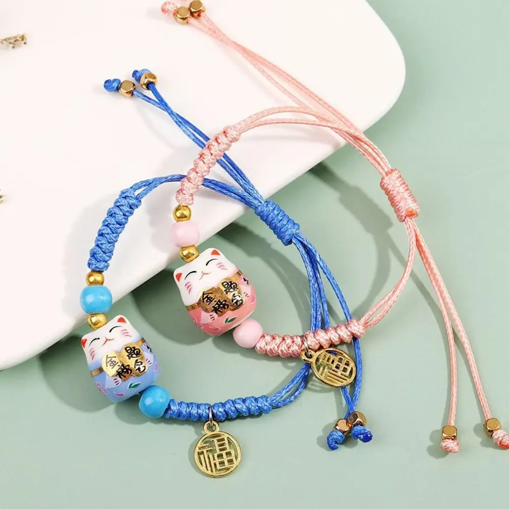 Модный многоцветный браслет ручной работы в китайском стиле, пара рук, плетеный браслет из веревки, мультяшный браслет Lucky Cat, подарок для девочек Изображение 2