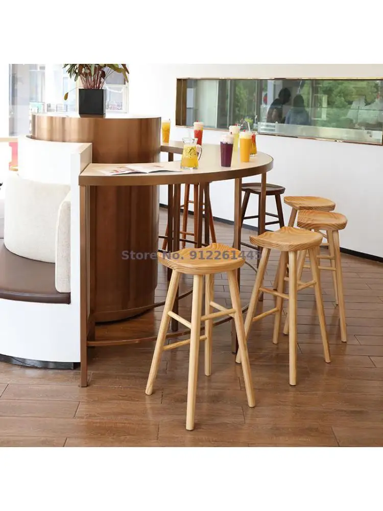 Простой бревенчатый барный стул Nordic, высокий табурет, барный стул из массива дерева, стул для бара, кафе, стойка регистрации, барный стул Изображение 2