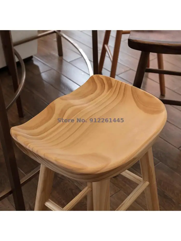 Простой бревенчатый барный стул Nordic, высокий табурет, барный стул из массива дерева, стул для бара, кафе, стойка регистрации, барный стул Изображение 4