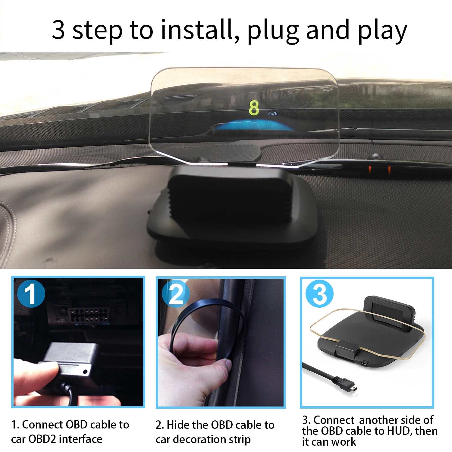 Проекционный дисплей автомобильной навигации C1 Hud, двойная система GPS, Цифровой спидометр, Температура воды и масла, обороты в минуту, Автомобильная сигнализация на экране Изображение 3