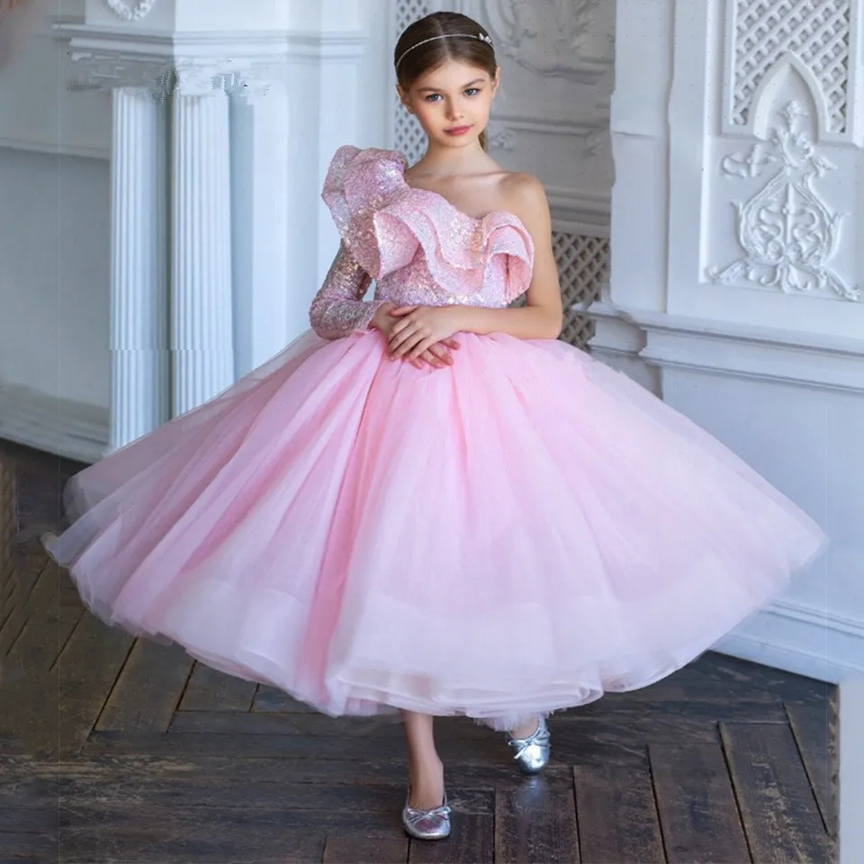 Блестящие розовые платья для девочек в цветочек на свадьбу, расшитое блестками платье принцессы на одно плечо, детское праздничное платье на день рождения, Первое причастие Изображение 0