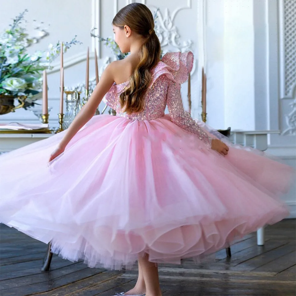 Блестящие розовые платья для девочек в цветочек на свадьбу, расшитое блестками платье принцессы на одно плечо, детское праздничное платье на день рождения, Первое причастие Изображение 1