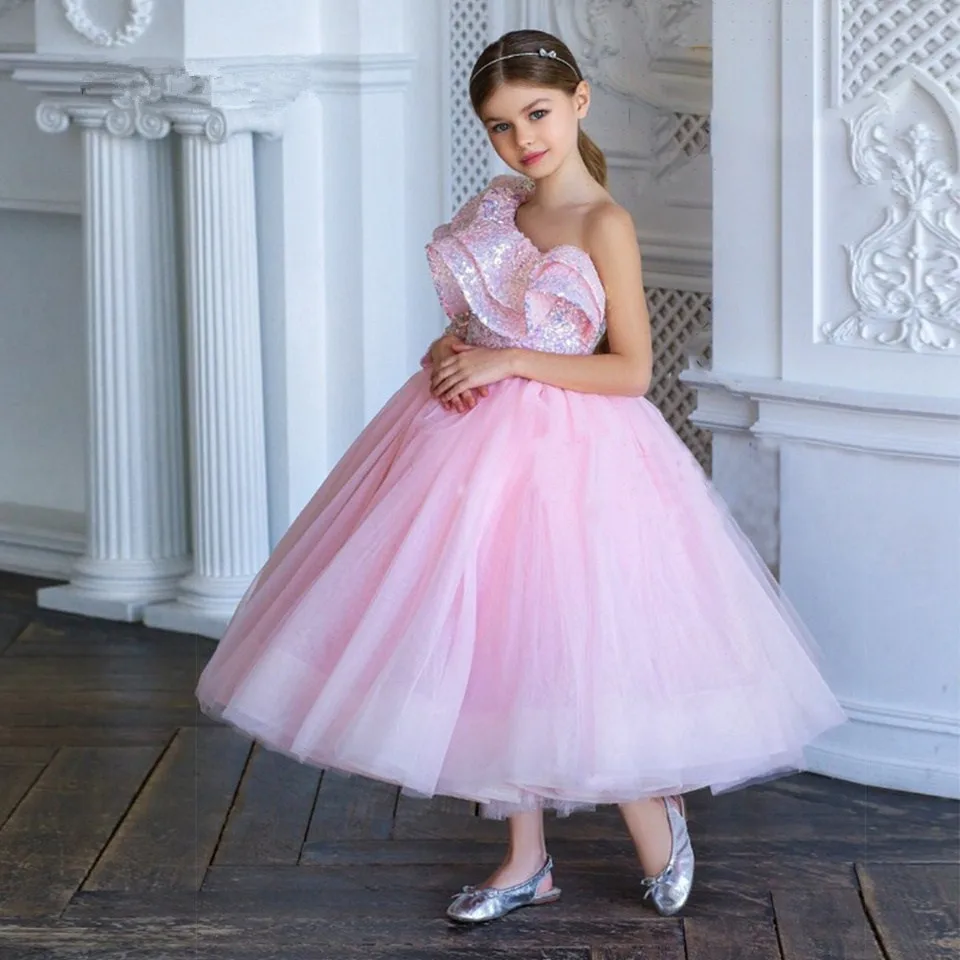 Блестящие розовые платья для девочек в цветочек на свадьбу, расшитое блестками платье принцессы на одно плечо, детское праздничное платье на день рождения, Первое причастие Изображение 2