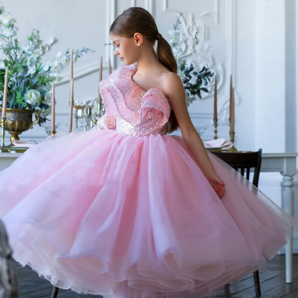 Блестящие розовые платья для девочек в цветочек на свадьбу, расшитое блестками платье принцессы на одно плечо, детское праздничное платье на день рождения, Первое причастие Изображение 3