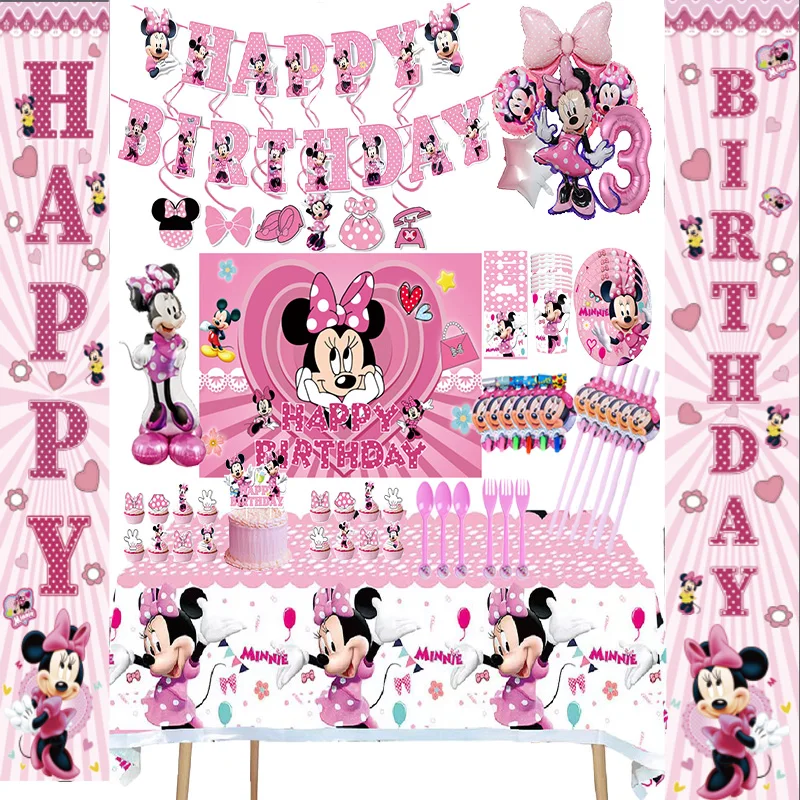 Одноразовая посуда Disney с Минни Маус, украшение вечеринки по случаю дня рождения, воздушные шары, фон, принадлежности для вечеринки принцессы для девочек, детский душ Изображение 0