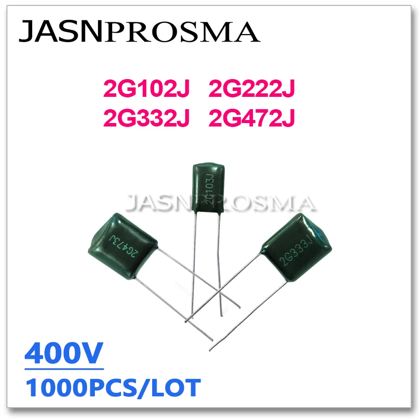 JASNPROSMA 1000ШТ 400 В 2G102J 2G222J 2G332J 2G472J 1NF 2,2 НФ 3,3 НФ 4,7 НФ 102J 222J 472J 2G 5% Полиэфирный пленочный конденсатор Изображение 0