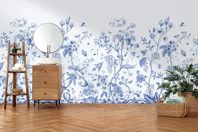 Акварельный дизайн в стиле шинуазри, обои с синими цветами, настраиваемая настенная роспись. Современная фреска для туалета в ванной, цветы и птицы W Изображение 0