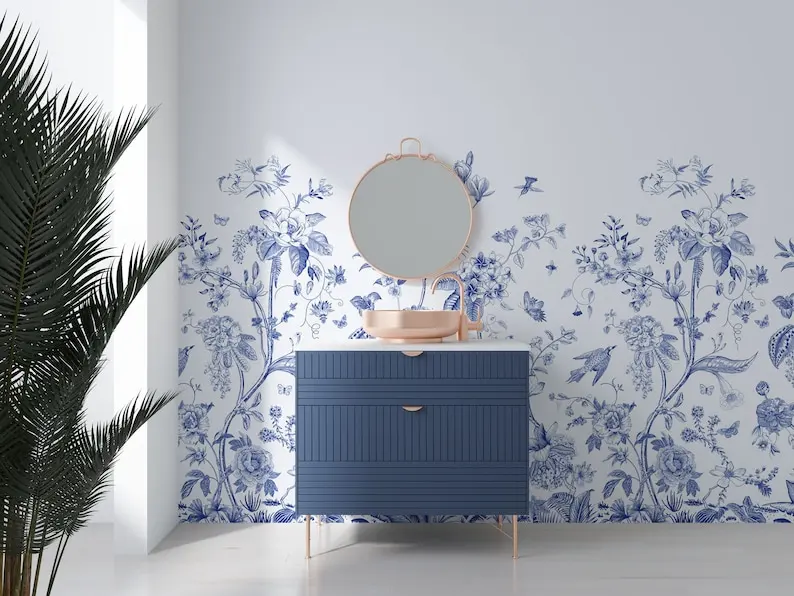 Акварельный дизайн в стиле шинуазри, обои с синими цветами, настраиваемая настенная роспись. Современная фреска для туалета в ванной, цветы и птицы W Изображение 1
