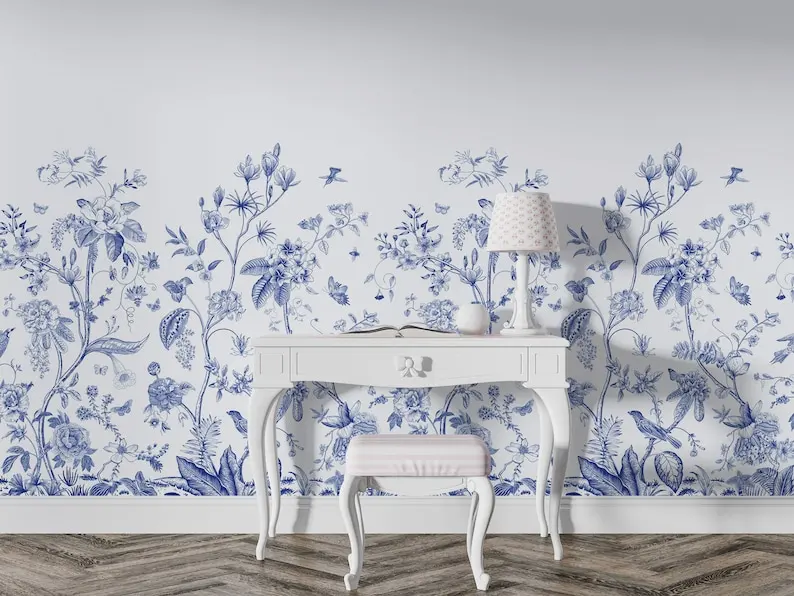 Акварельный дизайн в стиле шинуазри, обои с синими цветами, настраиваемая настенная роспись. Современная фреска для туалета в ванной, цветы и птицы W Изображение 2