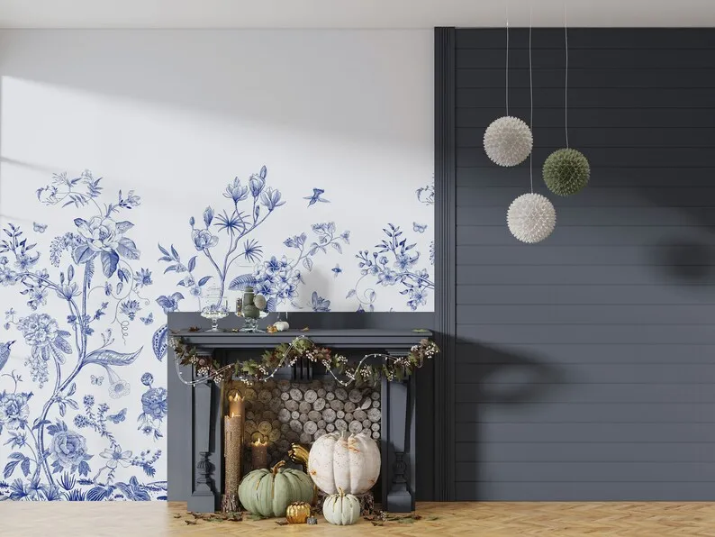 Акварельный дизайн в стиле шинуазри, обои с синими цветами, настраиваемая настенная роспись. Современная фреска для туалета в ванной, цветы и птицы W Изображение 3