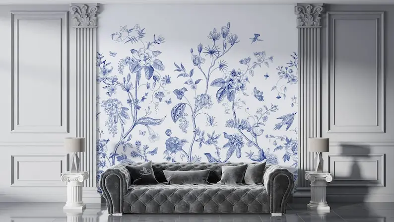 Акварельный дизайн в стиле шинуазри, обои с синими цветами, настраиваемая настенная роспись. Современная фреска для туалета в ванной, цветы и птицы W Изображение 4