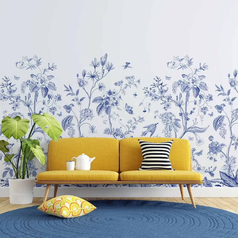 Акварельный дизайн в стиле шинуазри, обои с синими цветами, настраиваемая настенная роспись. Современная фреска для туалета в ванной, цветы и птицы W Изображение 5