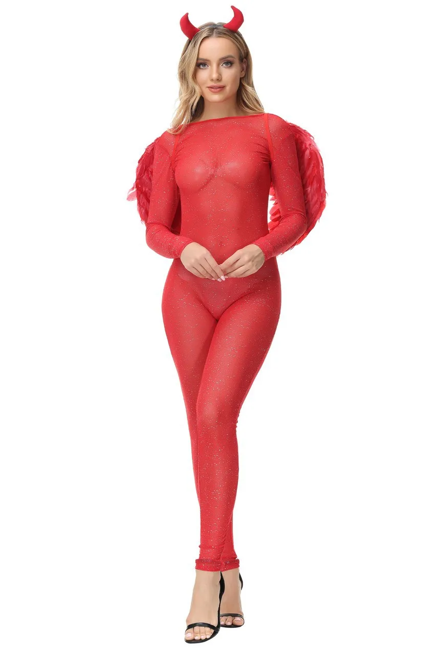 Форма для косплея Red Devil для женщин Сексуальное боди с крыльями Головной убор Хэллоуин Вечеринка Демон Ангел Комбинезон Сценический костюм Изображение 0
