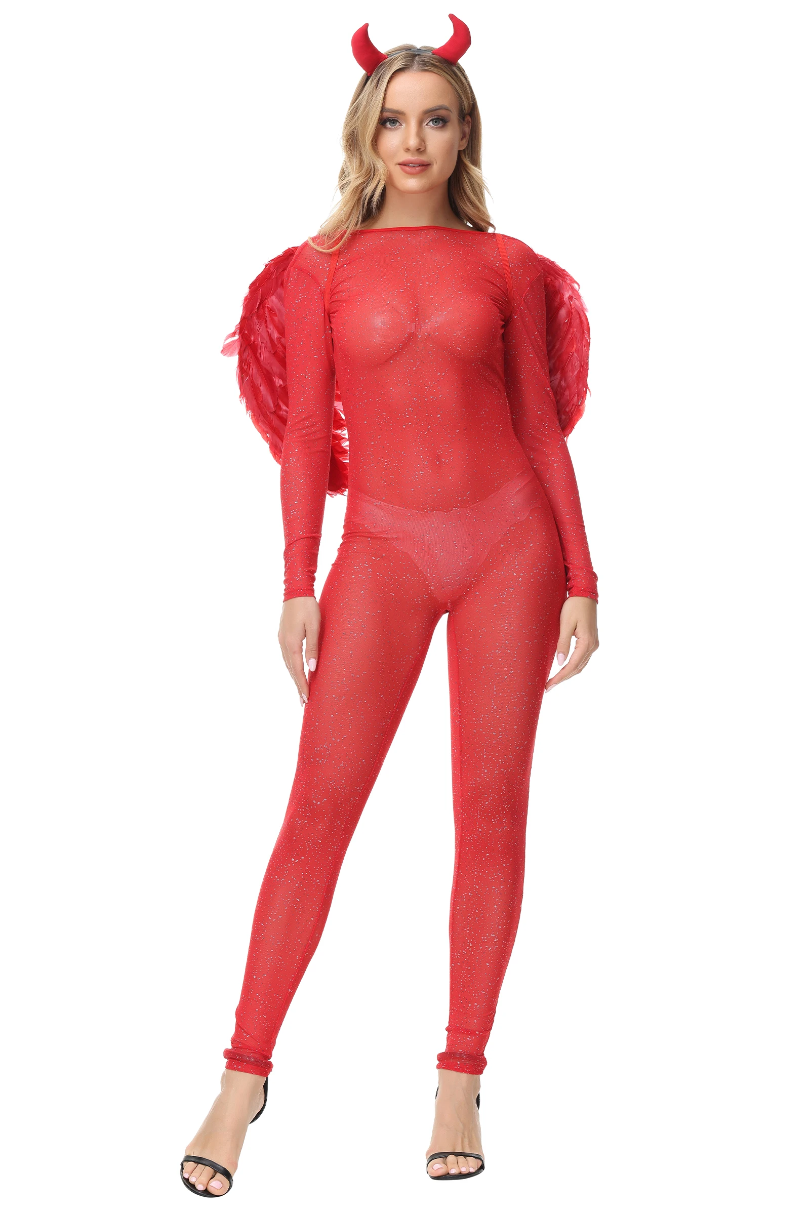Форма для косплея Red Devil для женщин Сексуальное боди с крыльями Головной убор Хэллоуин Вечеринка Демон Ангел Комбинезон Сценический костюм Изображение 1